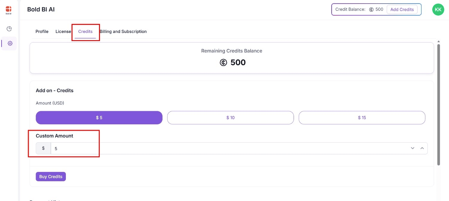 Add-on credits purchase