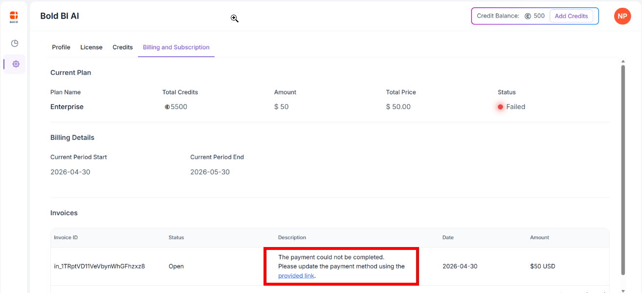 AI Credits - Payment Failure