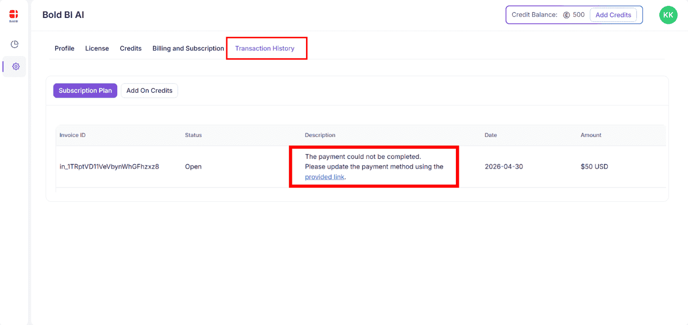AI Credits - Failed Transaction History