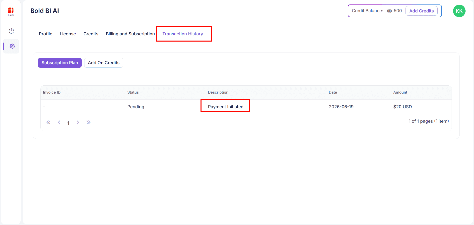 AI Credits - Transaction Initiated
