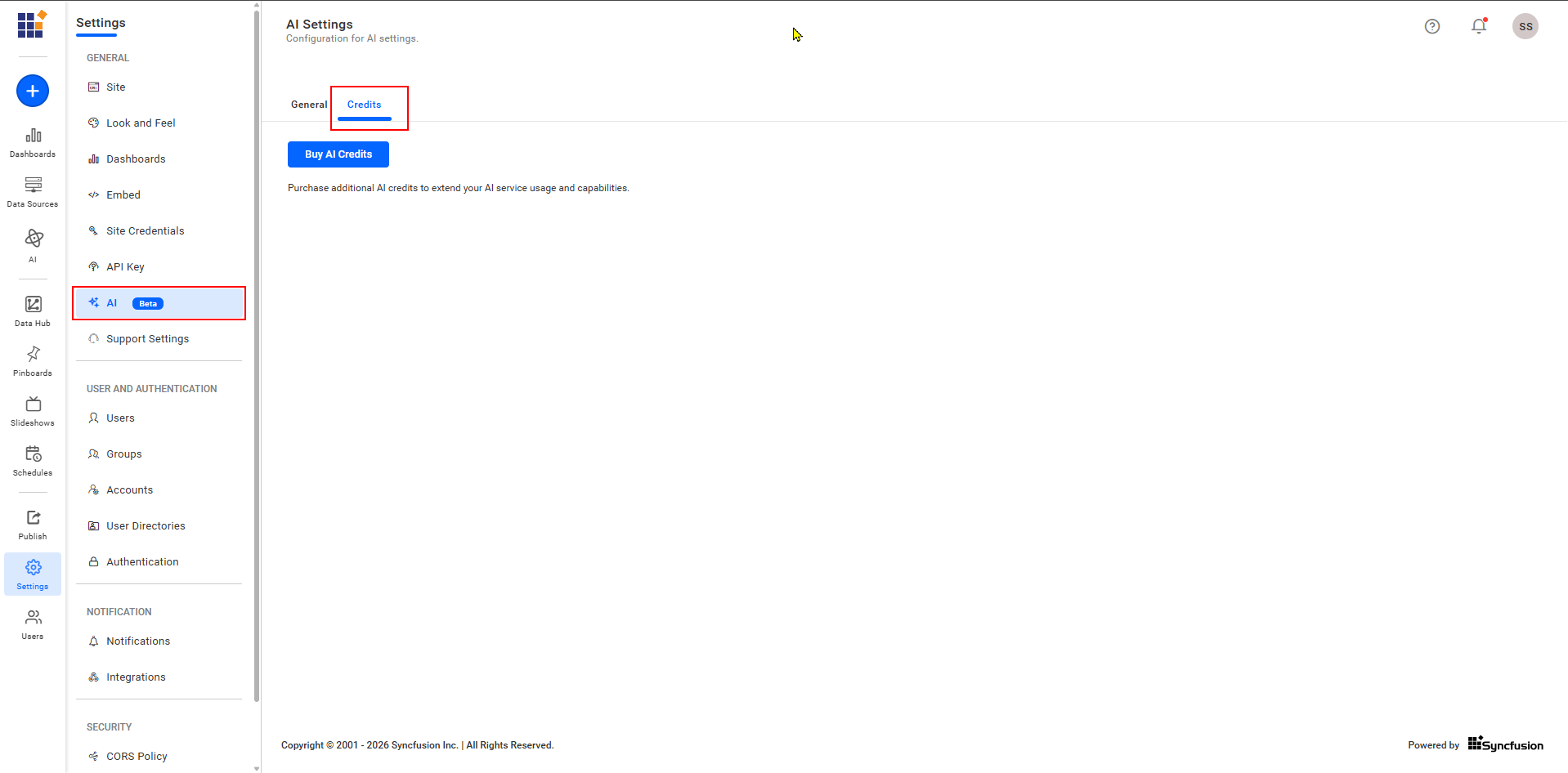 AI Credits - Site Settings AI section