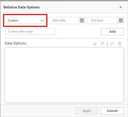 selecting custom option in relative dates window