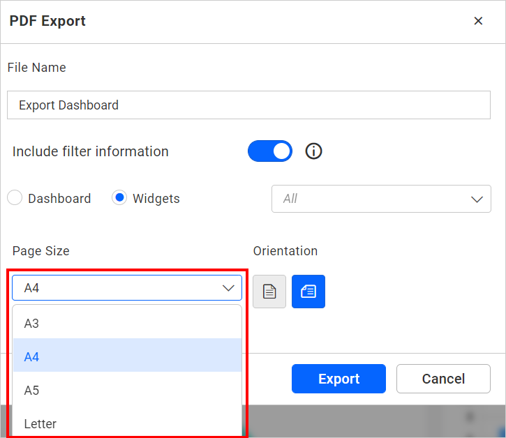Export PDF Page Size