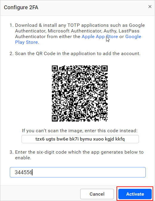 Two Factor Authentication configuration code