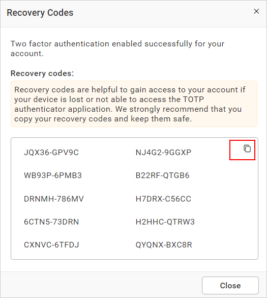 Two Factor Authentication Recovery code