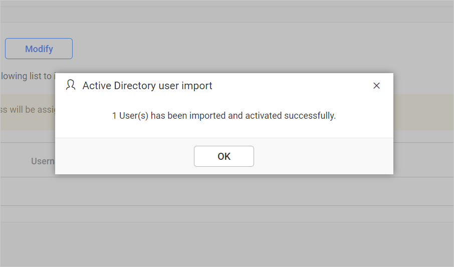 Success message after imported the Active Directory users
