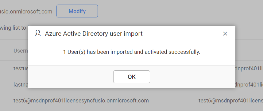 Success message after imported the Azure Active Directory users