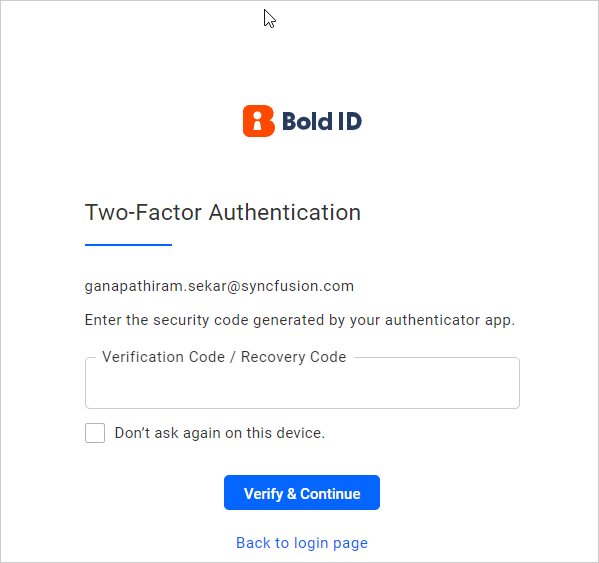 Two Factor Authentication login page