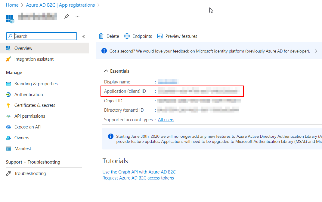 Azure AD B2C settings application id