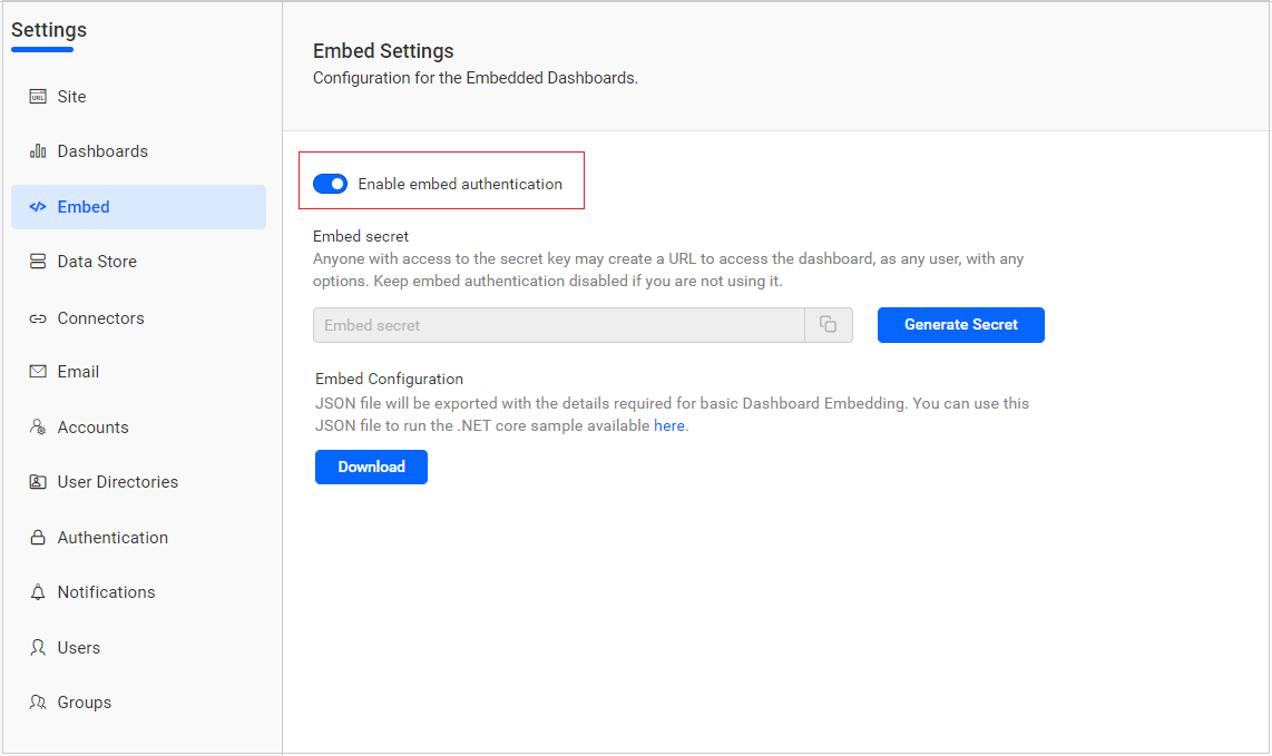 Enable embed authentication