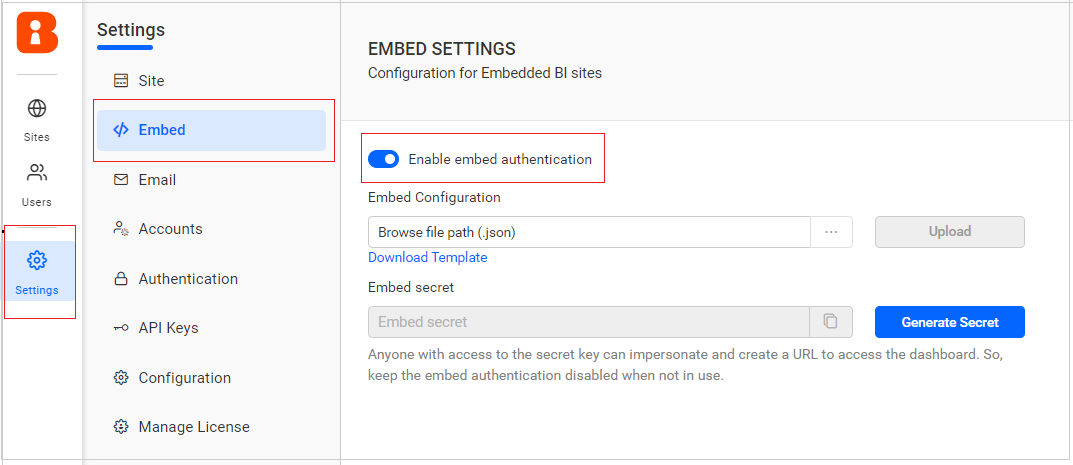 Enable embed authentication