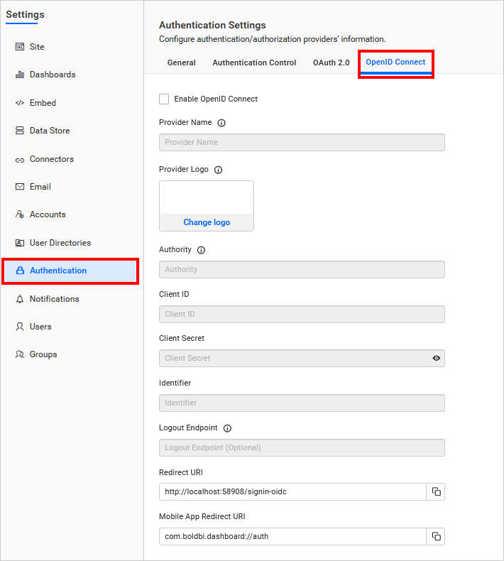 Authentication settings