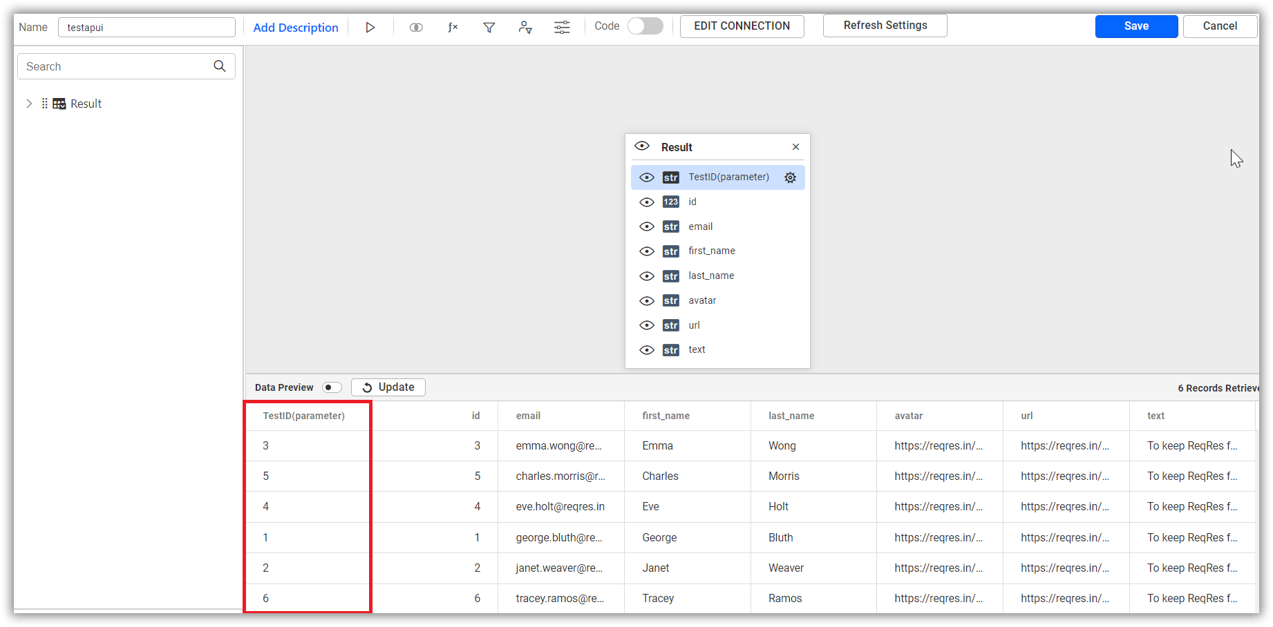 Dashboard Parameter Data Preview Table