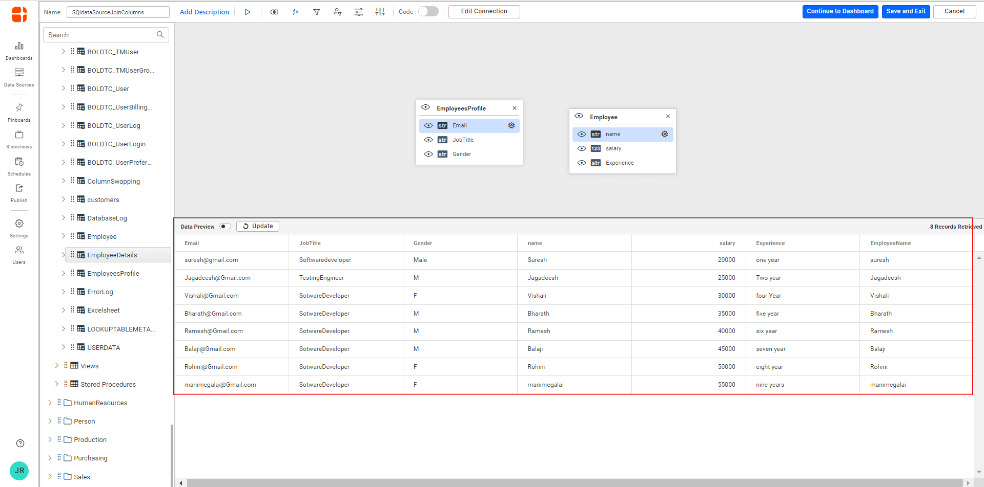 joined columns are shown in table