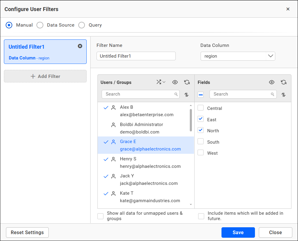 User filter for user1