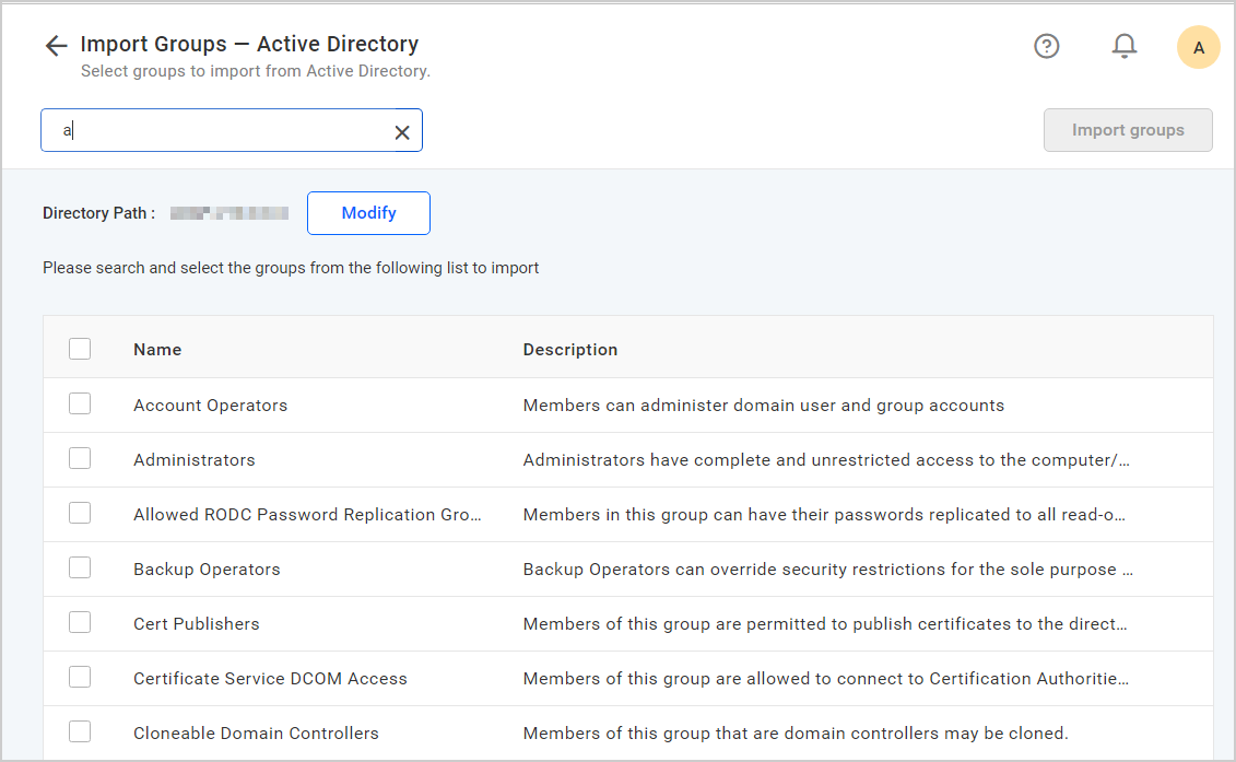 Import groups from Active Directory Server