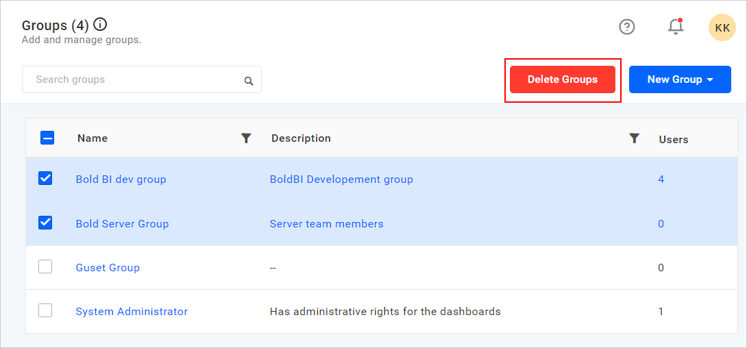 Delete multiple group from group management page
