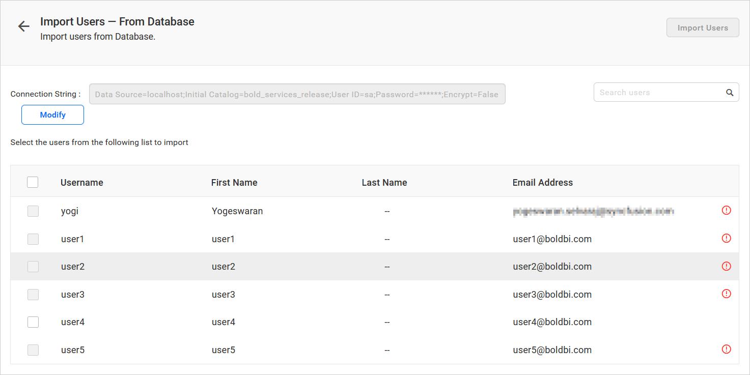 Imported user list from Existing Database