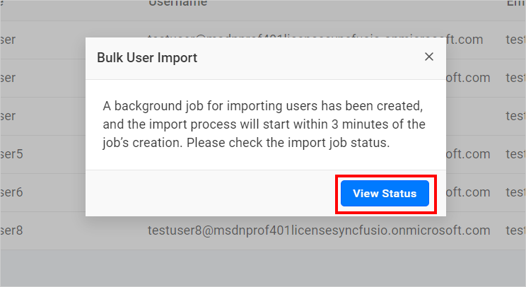 Confirmation dialog after import users started