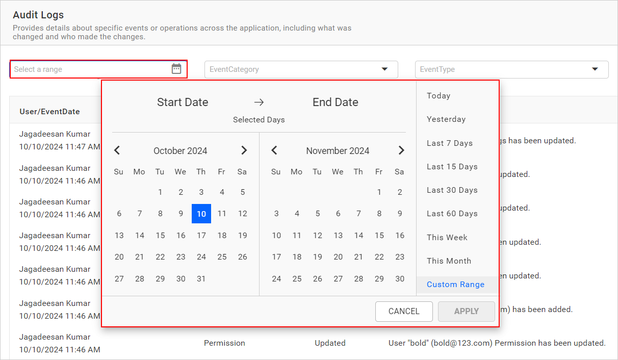 Audit Logs Date Range