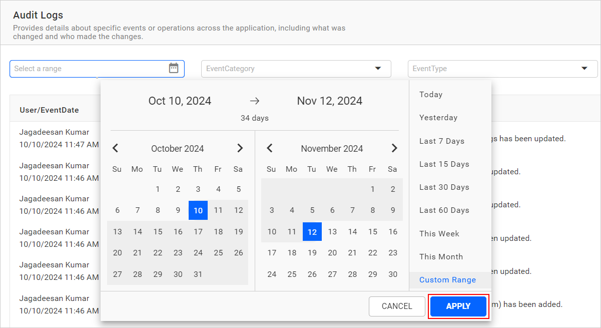 Audit Logs Date Range Apply