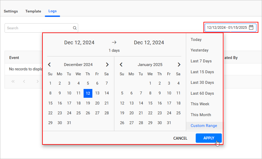 Email Logs Date Range