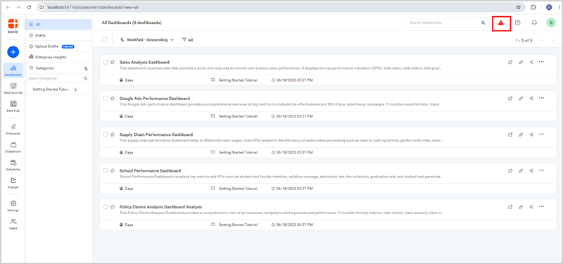 License warning icon in dashboard