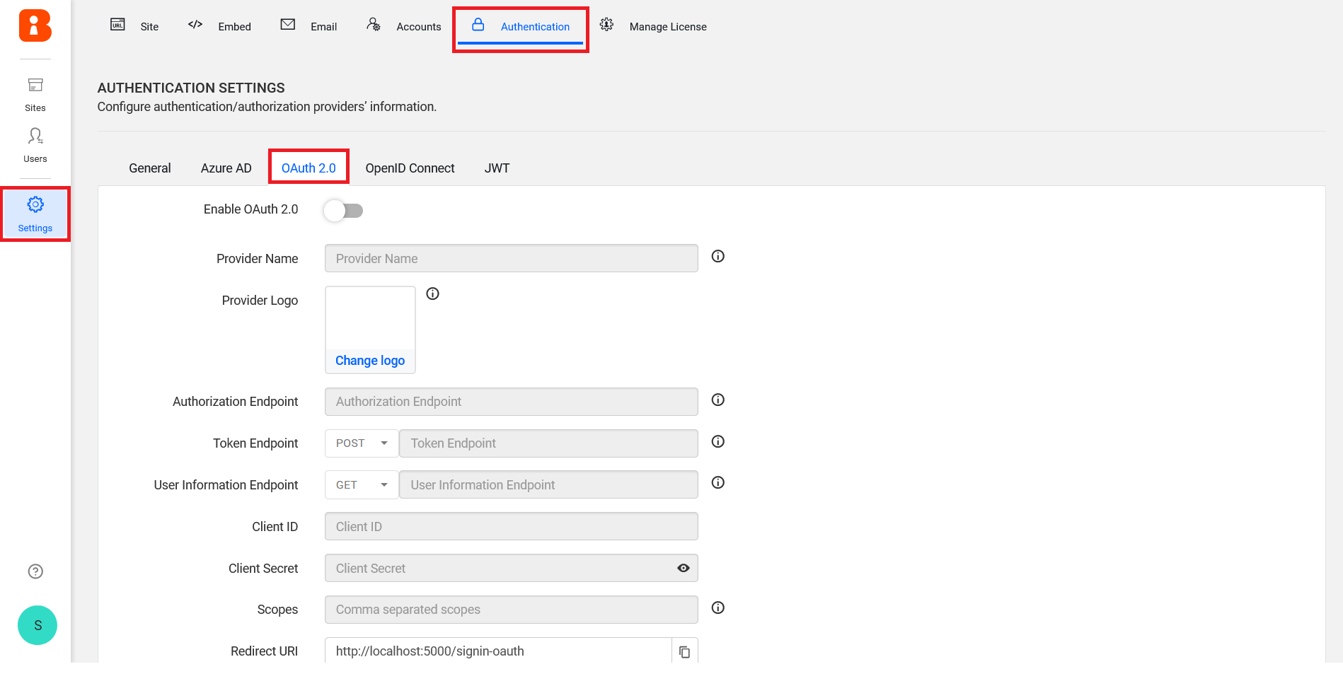 Authentication OAuth settings