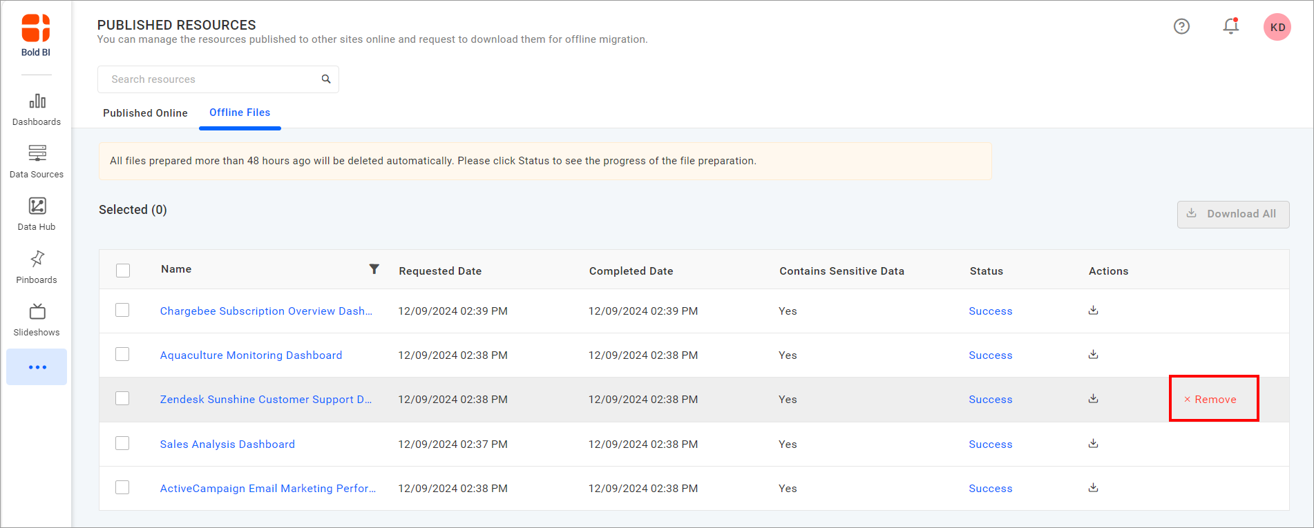 Remove Download Dashboard Logs