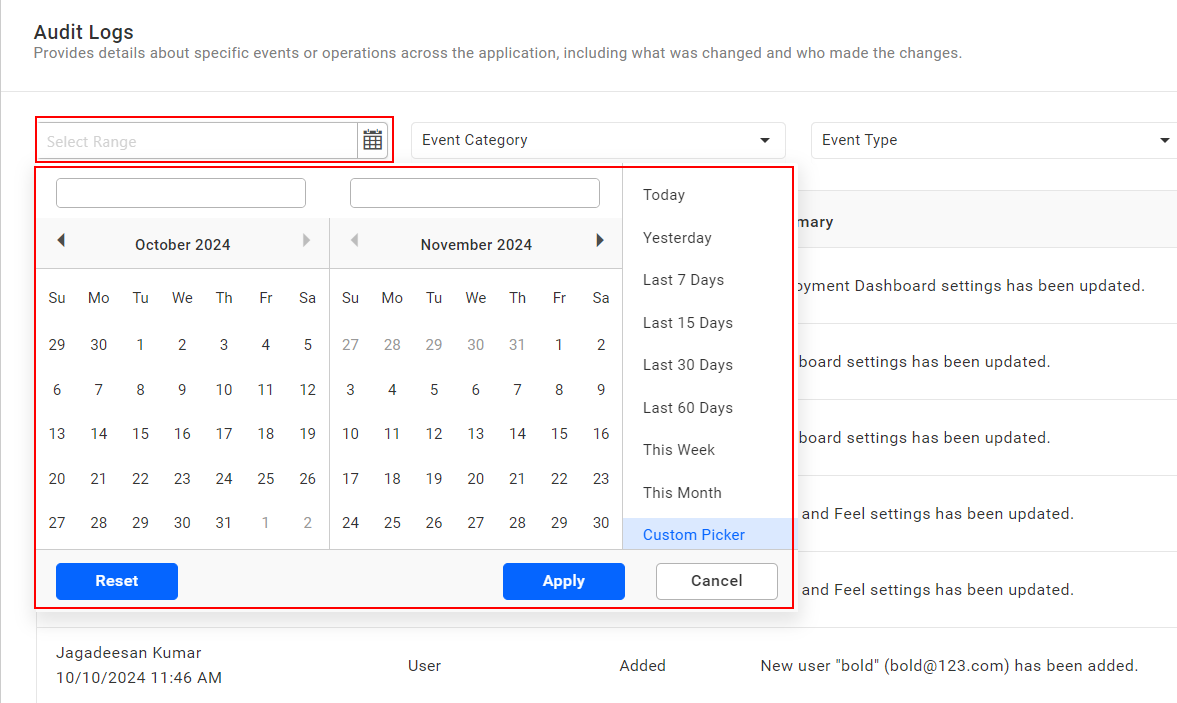 Audit Logs Date Range