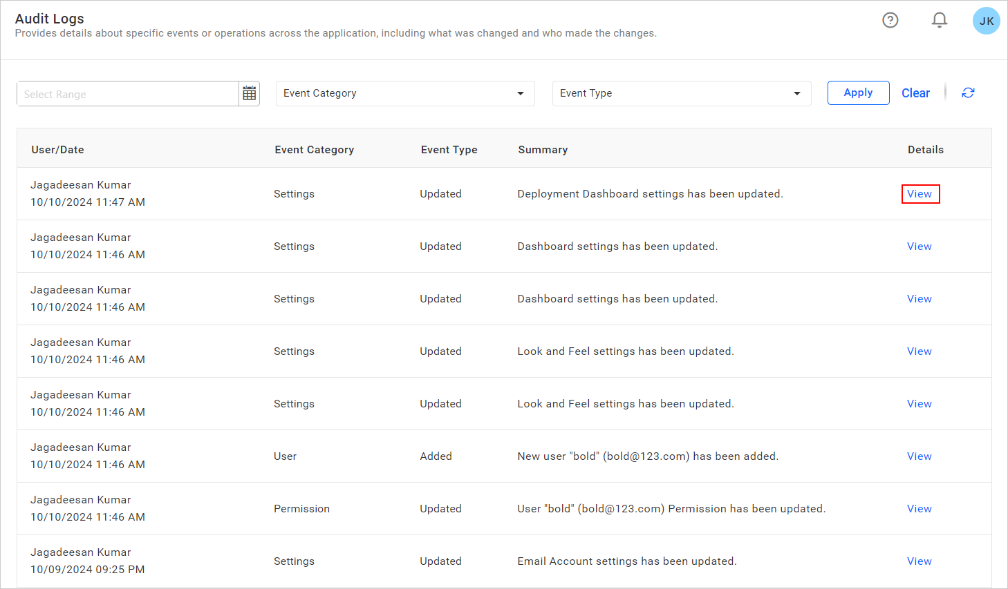 Activity Logs view