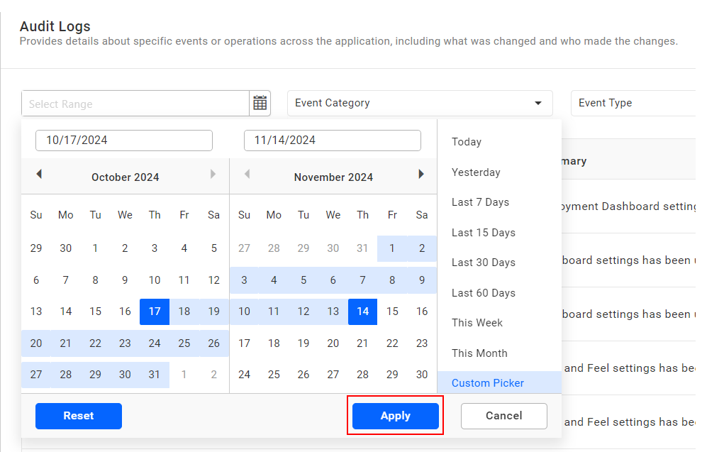 Audit Logs Date Range Apply