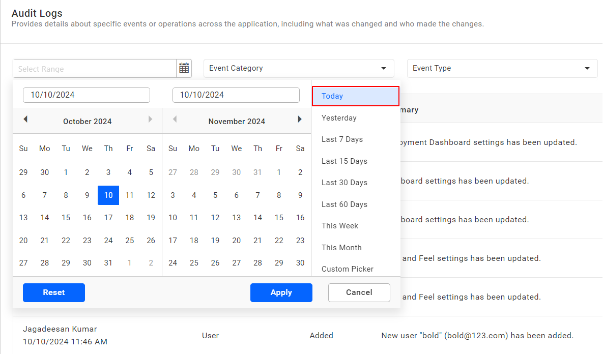 Audit Logs PreSet Range