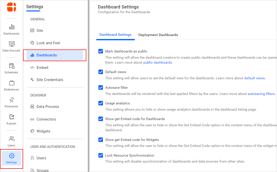 dashboard setting page