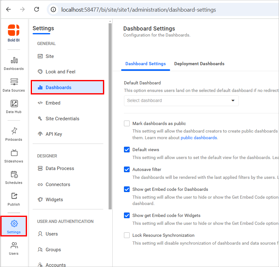 Dashboard settings page