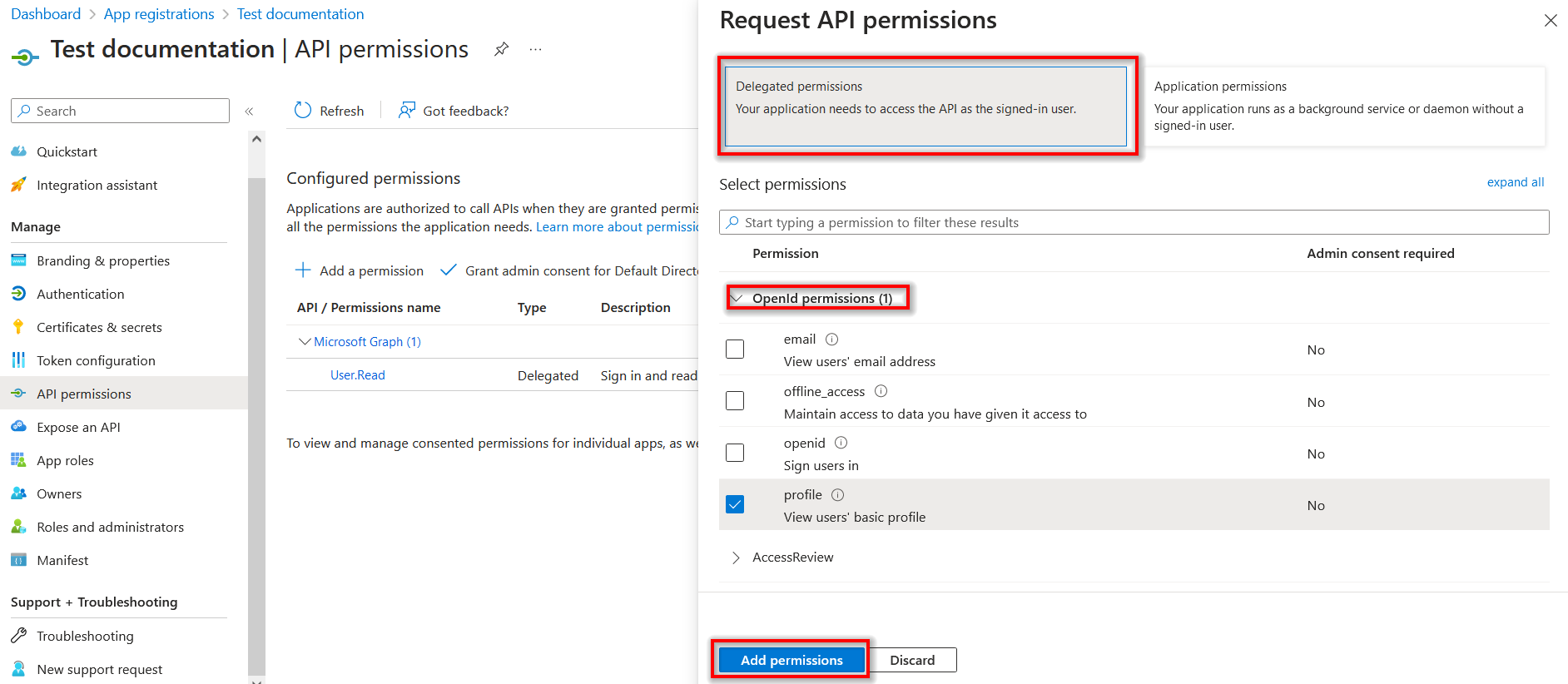 Delegated Permissions - OpenId permissions