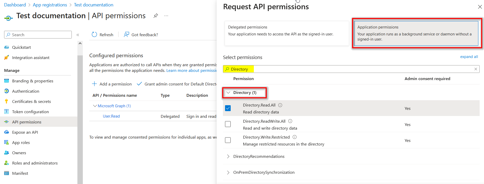 Application Permissions - Directory