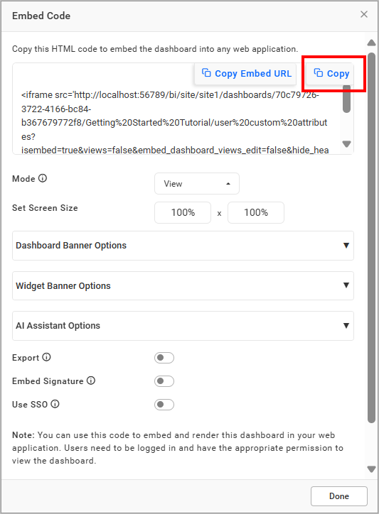 Embed code option dialog