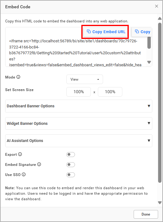 Embed code option dialog