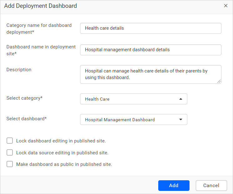 Fill the deployment dashboard dialog