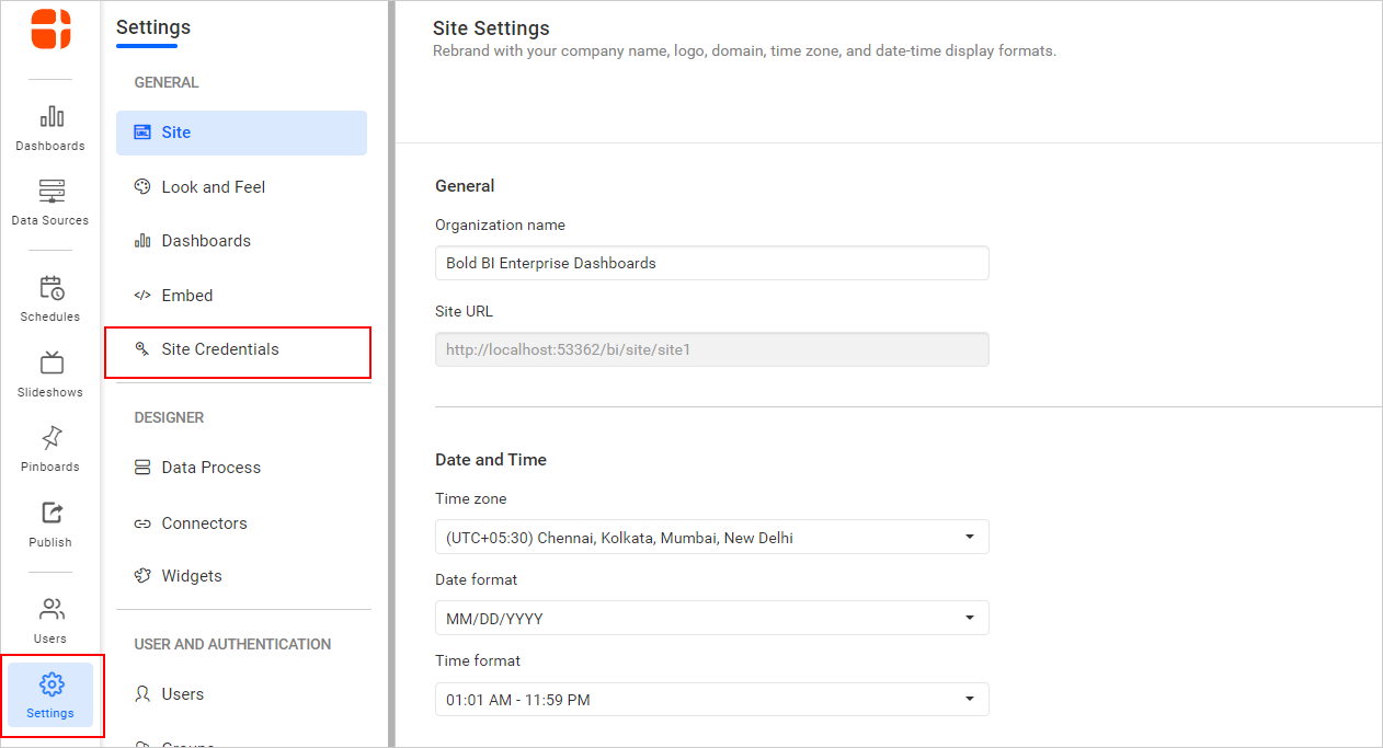 Site credentials settings