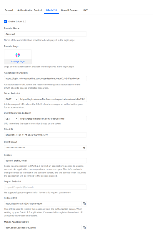 Azure AD settings