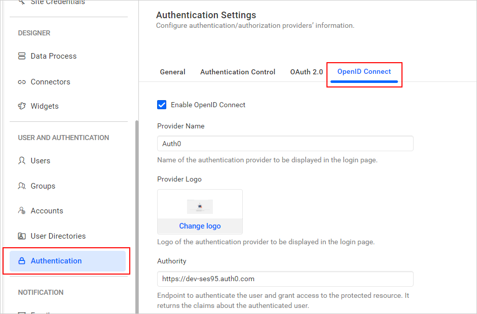 Authentication settings
