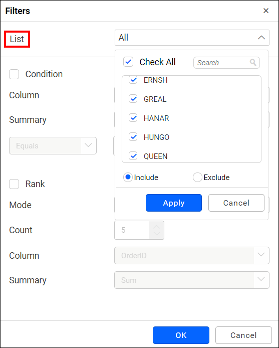 allow filtering option for dimension column