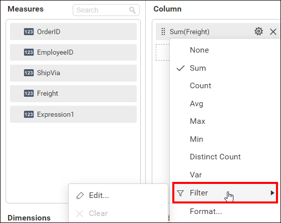 configuring filter for measure column in value section