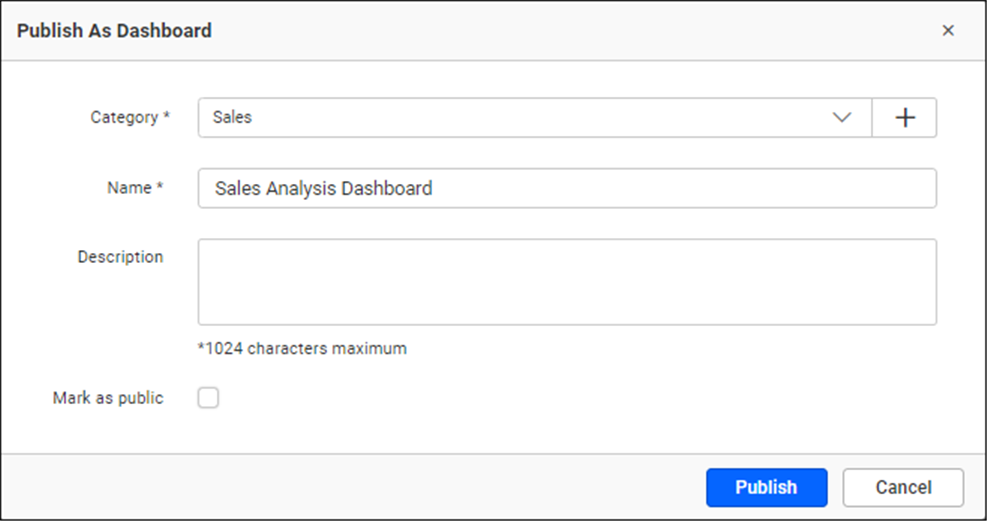 Publish dashboard dialog