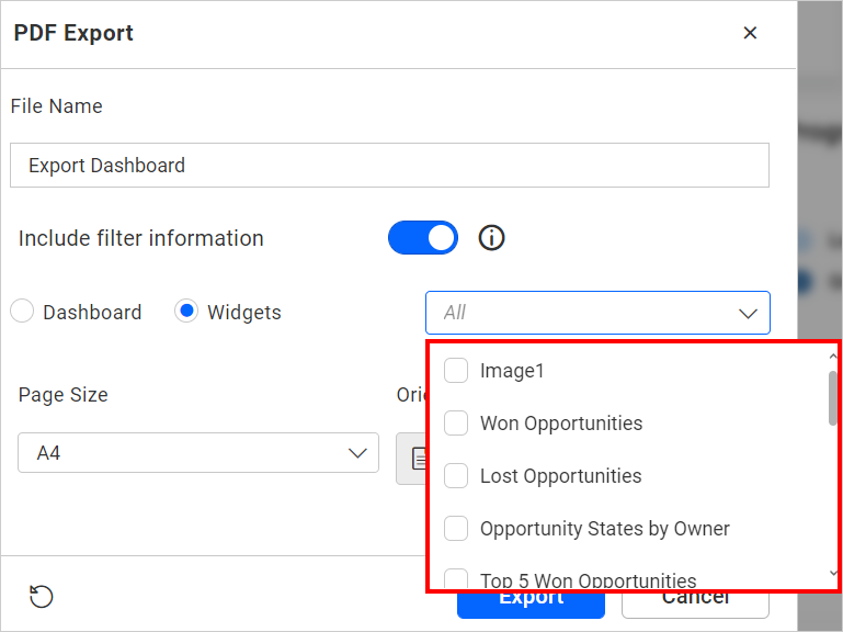 Widget list dropdown