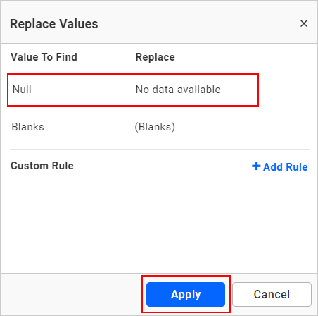 Null replace value in column