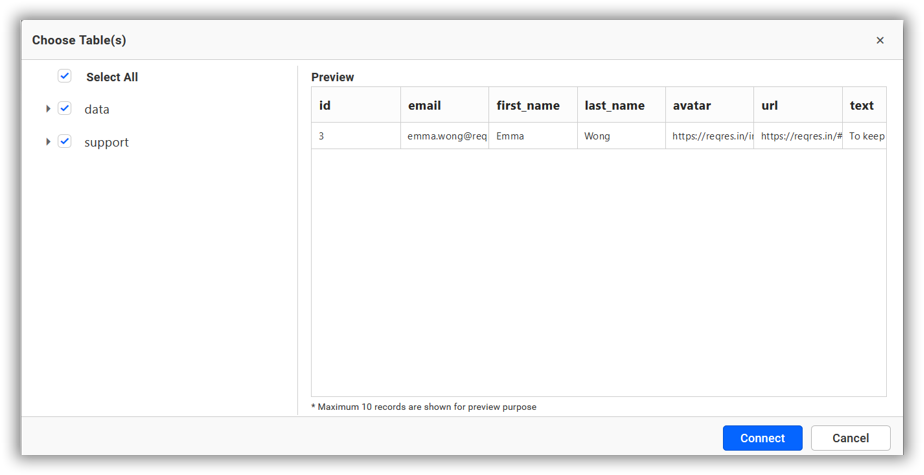 Dashboard Parameter Preview Table