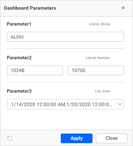 Dashboard parameter viewer dialog